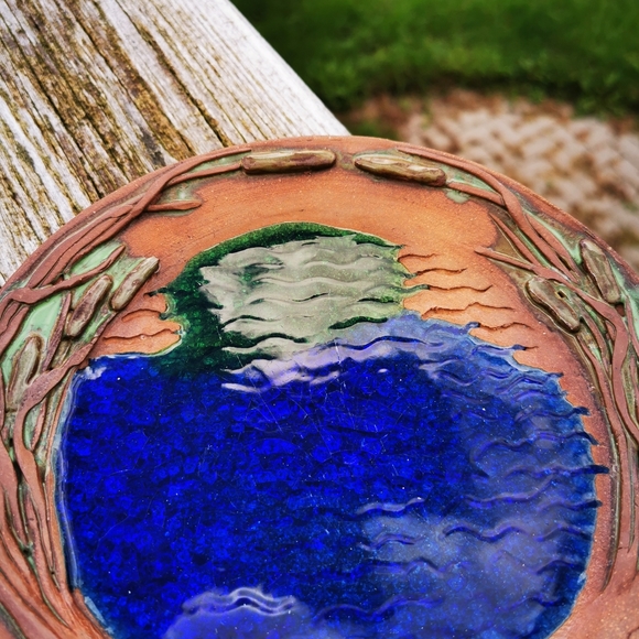 Red Clay Art Pottery Plate with Water Scene and Cat Tails / Bulrush - Picture 2 of 16